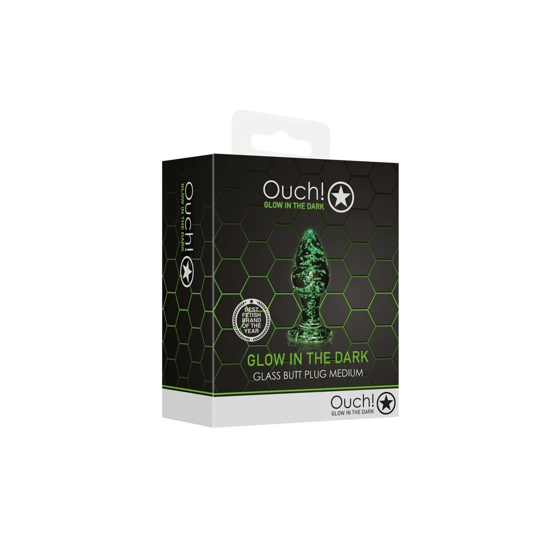 Ouch! Glow in the Dark Szklany korek intymny świecący średni zielony — zdjęcie 4