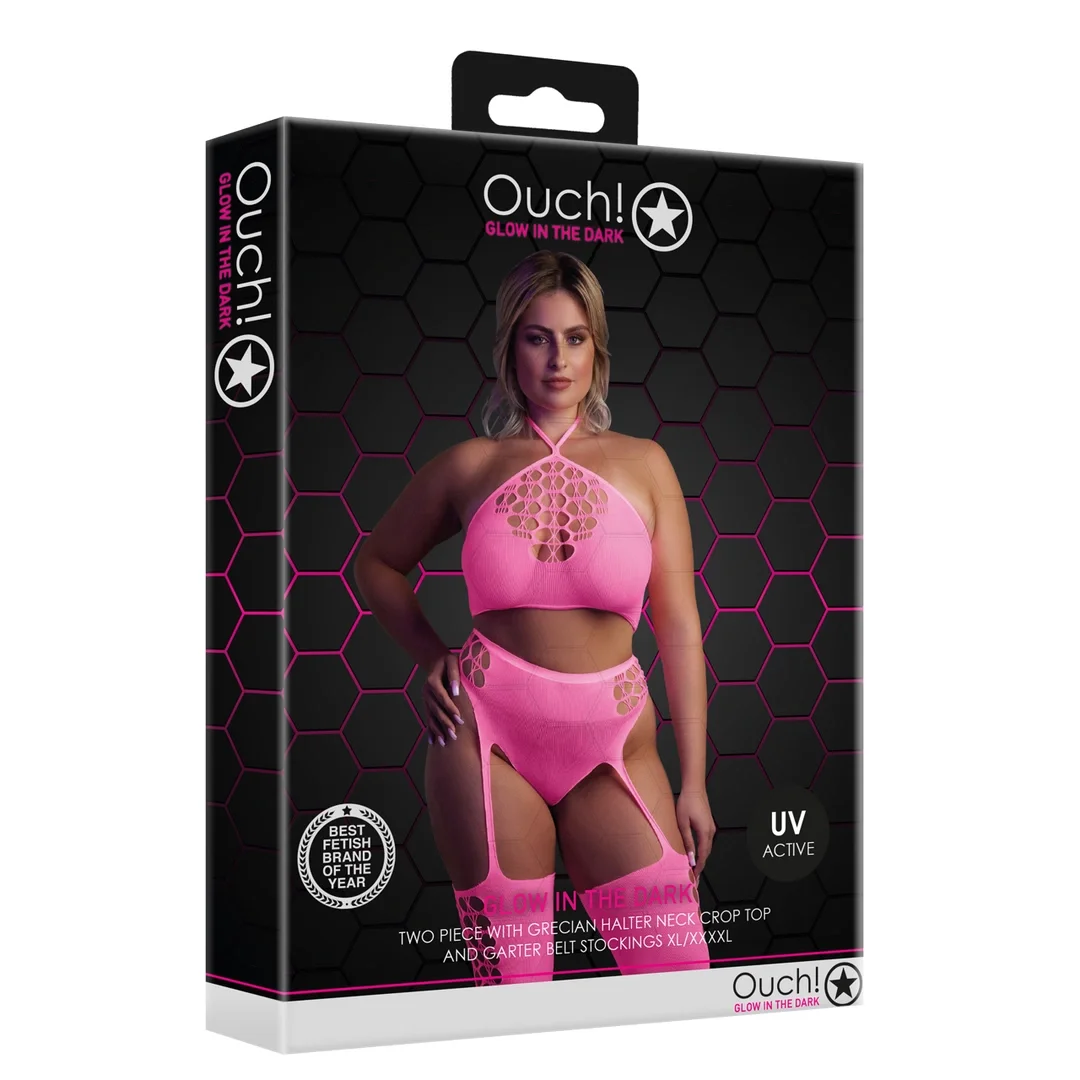 Ouch! Neon Body dwuczęściowe z topem i pończochami XL-XXXXL rożowe — zdjęcie 2