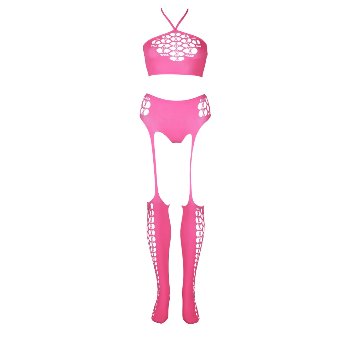Ouch! Neon Body dwuczęściowe z topem i pończochami XL-XXXXL rożowe — zdjęcie 4
