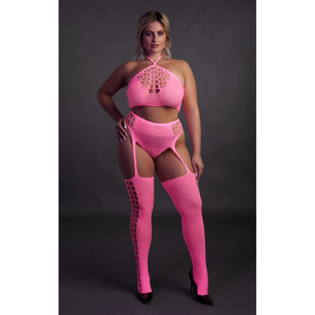 Ouch! Neon Body dwuczęściowe z topem i pończochami XL-XXXXL rożowe — zdjęcie 6
