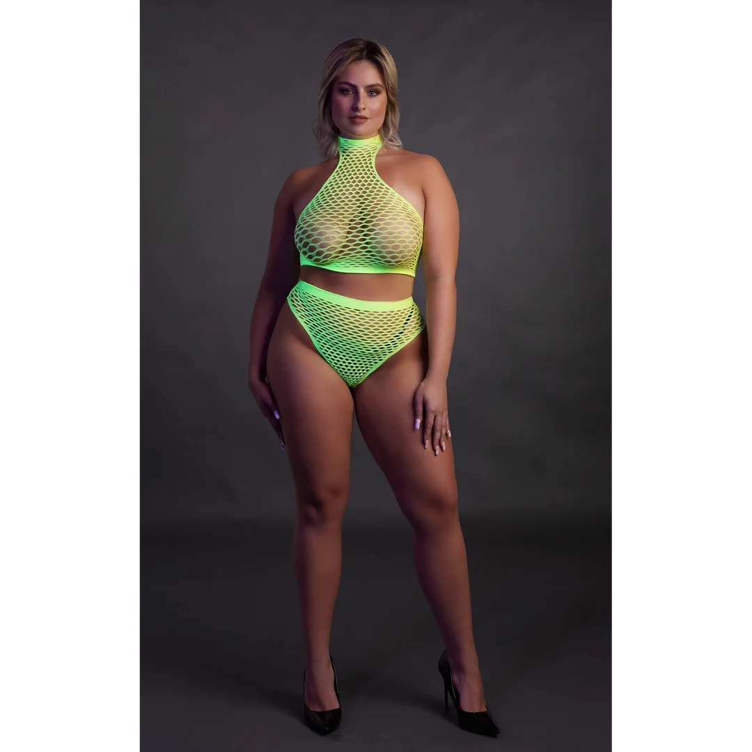 Ouch! Neon Set Top z Golfem i Majtki Wysoki Stan XL-XXXXL Neon Roż/Zieleń — zdjęcie 6