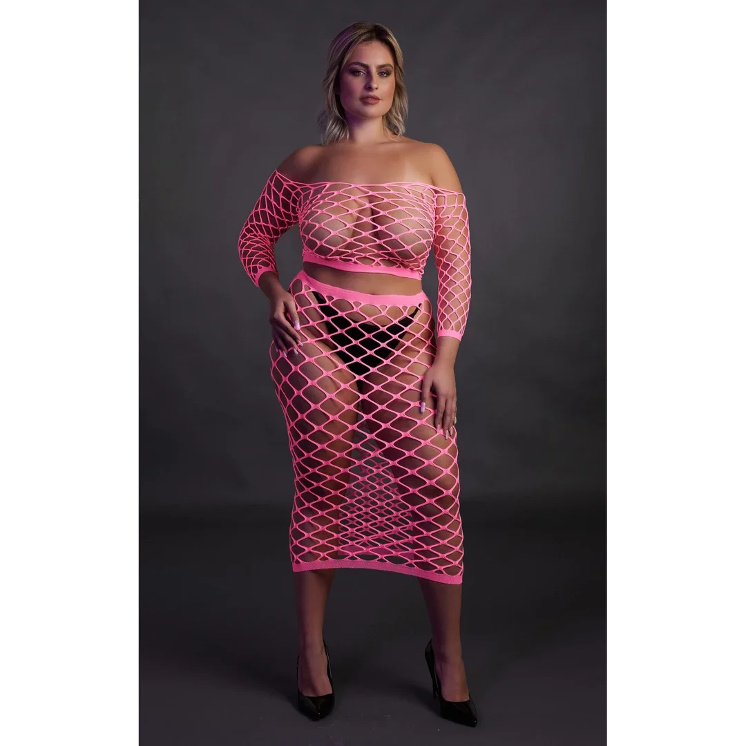 Ouch! Neonowy komplet top i spodnica UV XL-XXXXL rożowo-zielony — zdjęcie 6