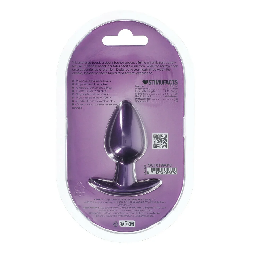 OUCH! Plug silikonowy średni 7,9 cm metaliczny fioletowy anatomiczny — zdjęcie 2