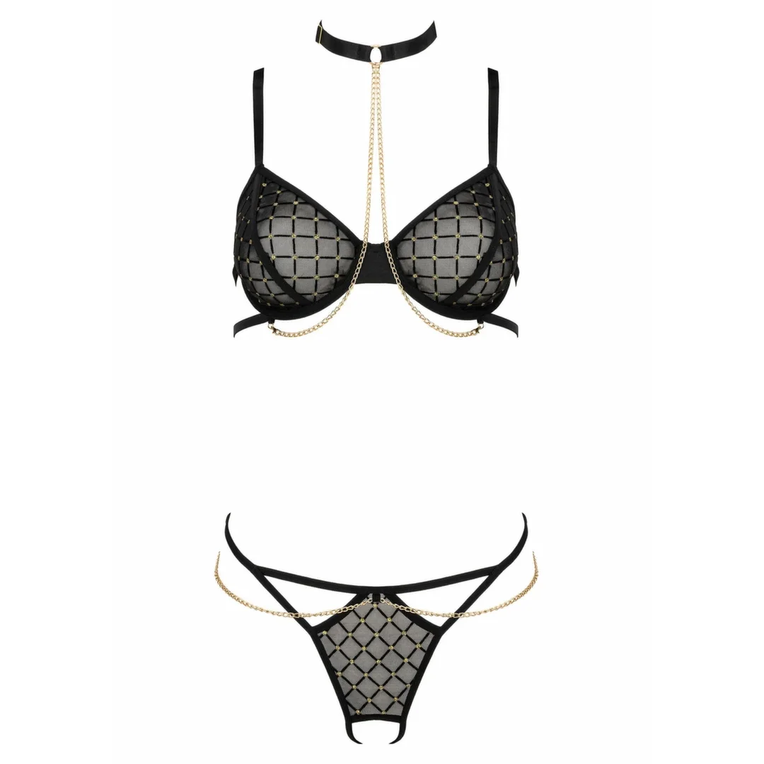 Passion 2 Pcs Set TP101 złote hafty komplet bielizny z tiulu — zdjęcie 3