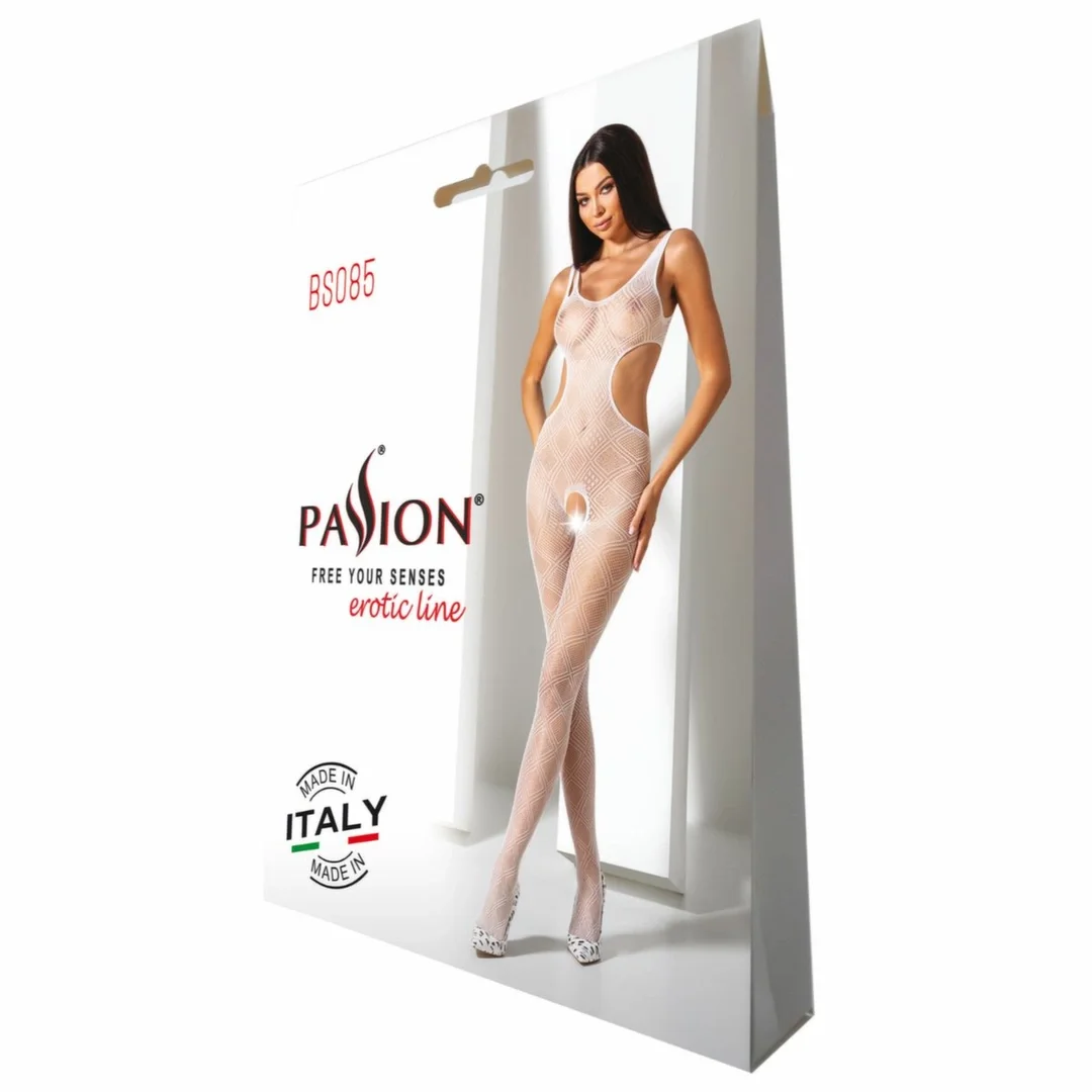 Passion BS085 biały kombinezon siateczkowy z geometrycznym wzorem One Size — zdjęcie 4