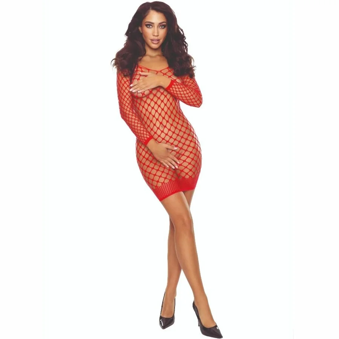 Passion BS108 Bodystocking siateczkowy czerwony, elastyczny materiał — zdjęcie 2