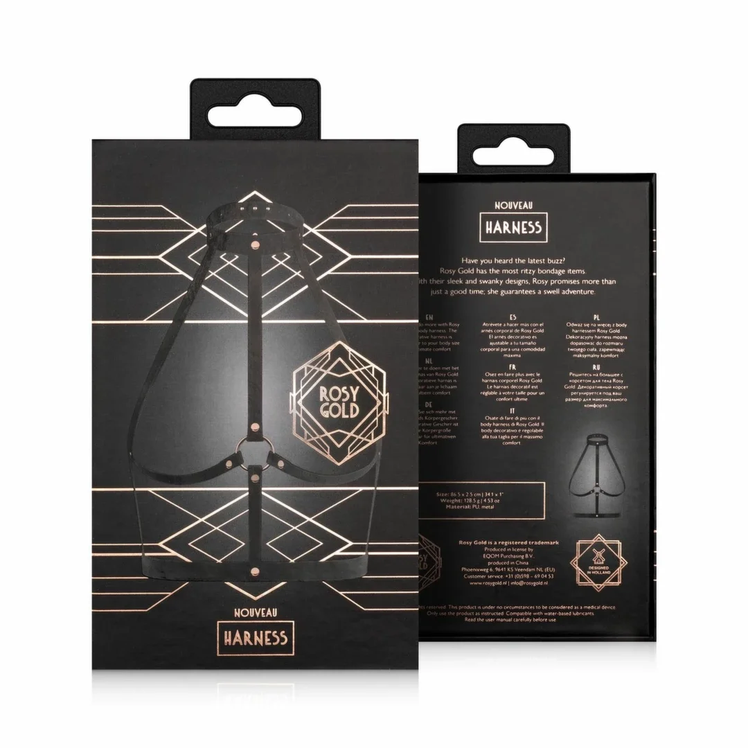 Rosy Gold Body Harness Black - Regulowany pas z ekoskory z pierścieniem — zdjęcie 3
