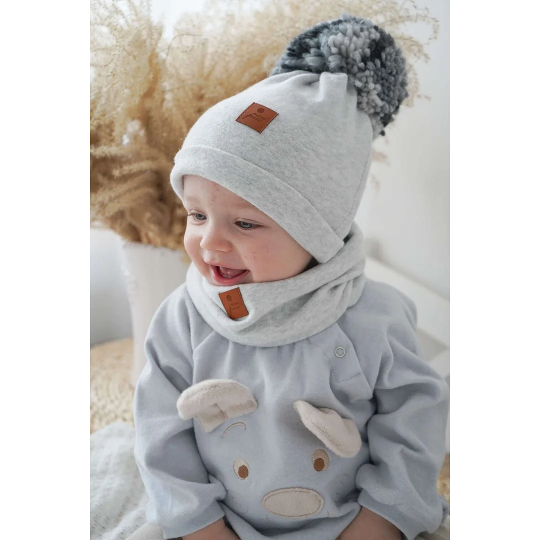 Hi Little One czapka zimowa niemowlęca ALPACA BOHO Grey M Pom Pom