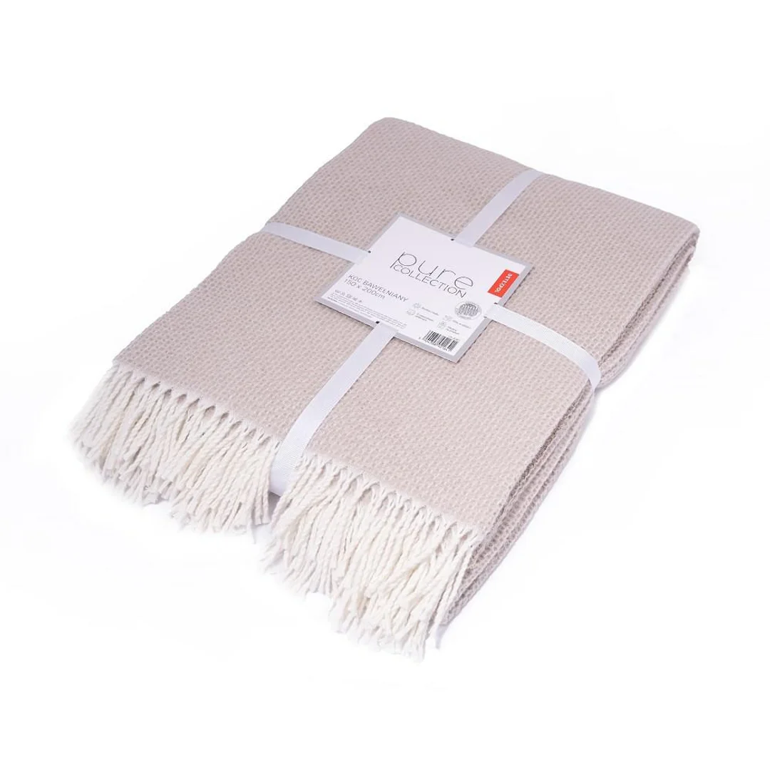 Koc bawełniany akrylowy 200x220 beżowy z frędzlami jacquard 126jb