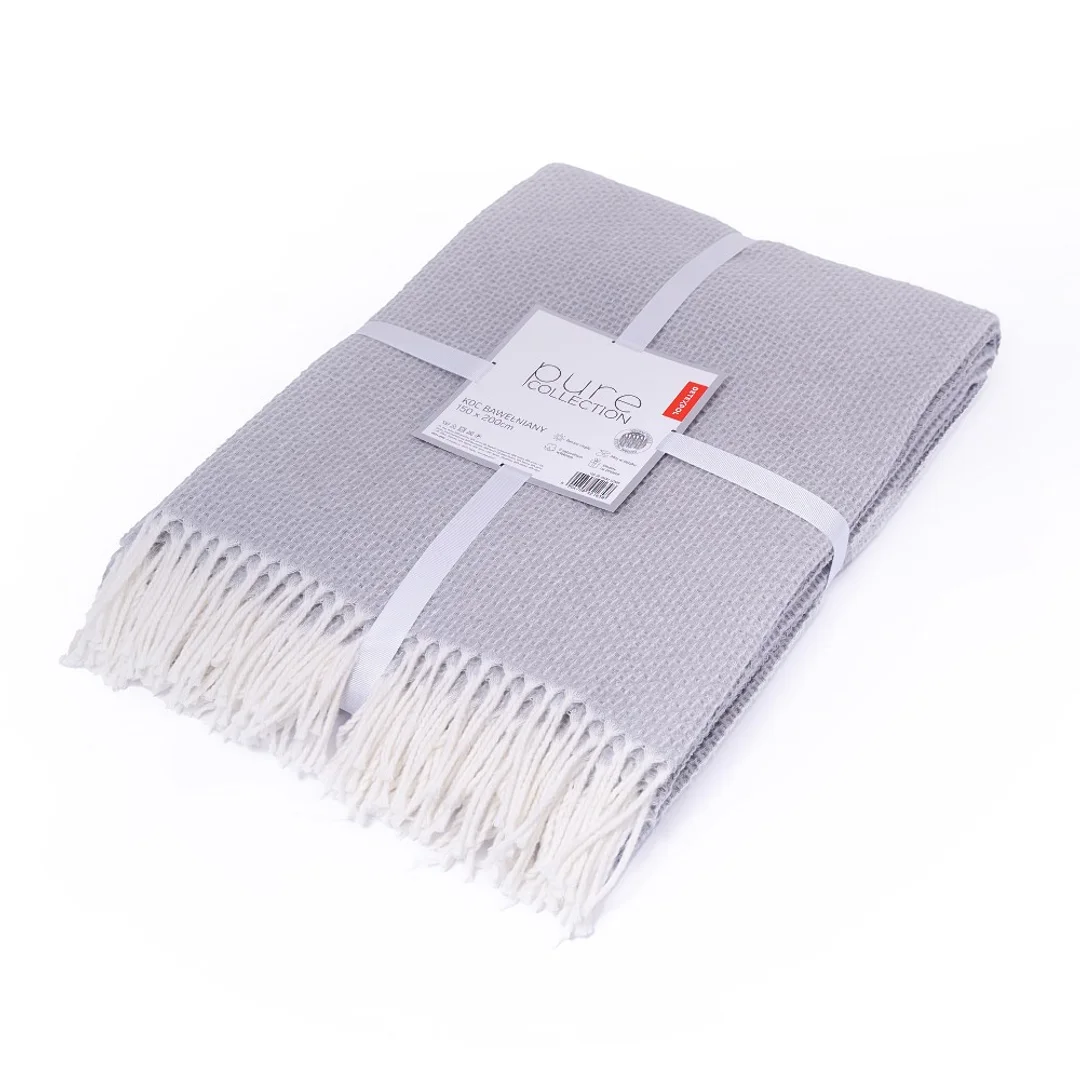 Koc bawełniany akrylowy 200x220 jasnoszary z frędzlami jacquard 126jb