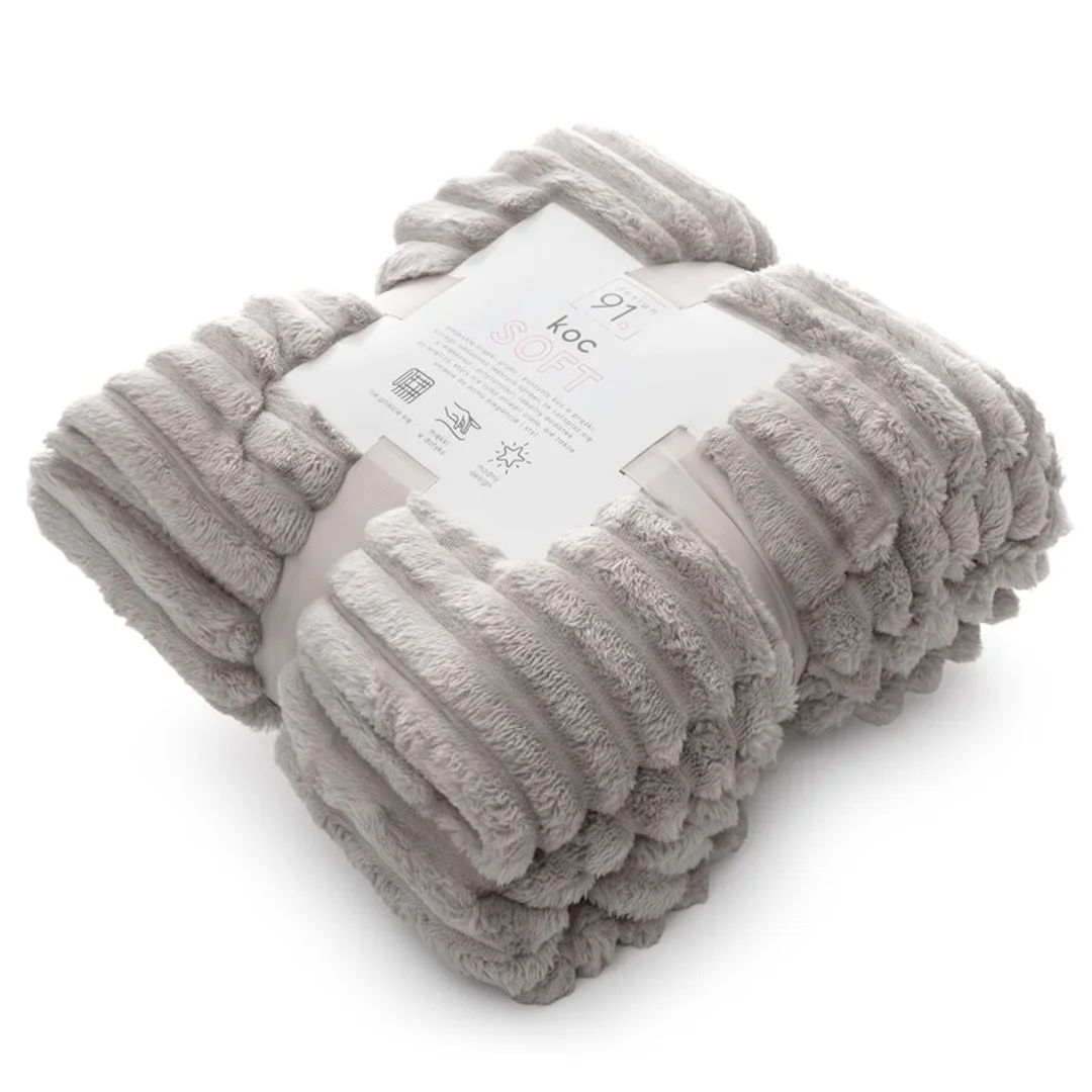 Koc narzuta 200x220 Soft beżowy z mikrofibry prążki D91