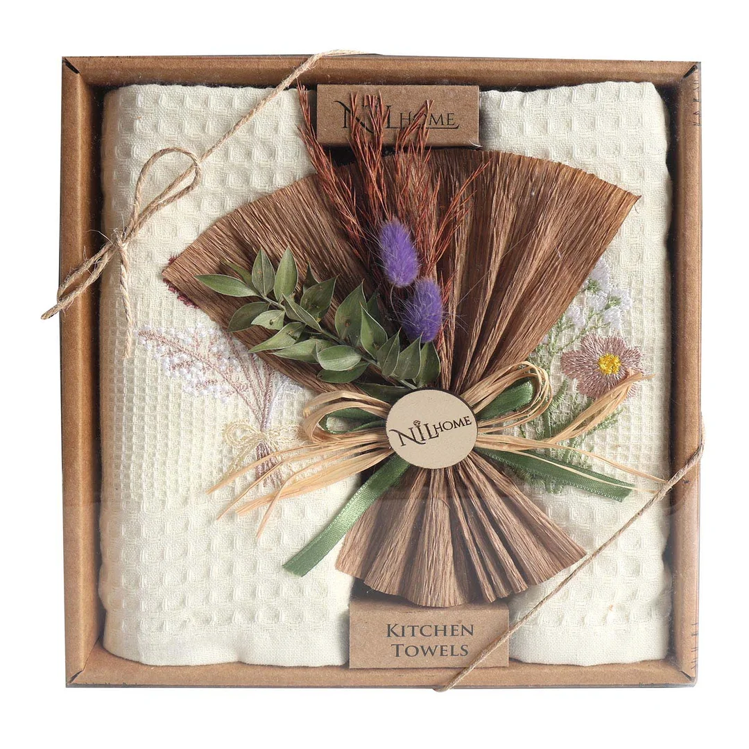 Komplet ręczników kuchennych 2 szt 40x60 ecru kwiaty waflowe z haftem 250g/m2 w pudełku 574 Nilteks