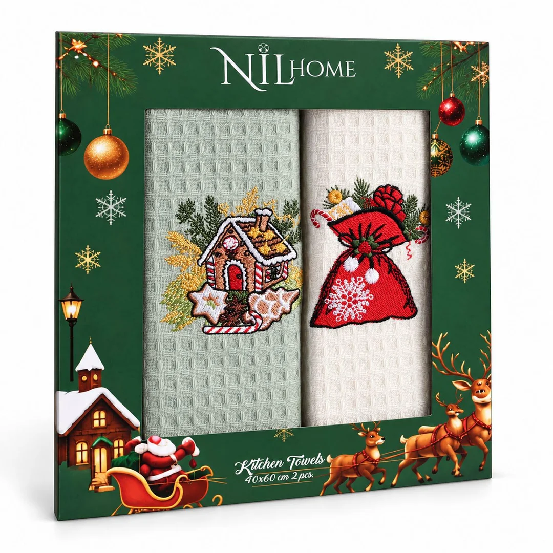 Komplet ręczników kuchennych 2 szt 40x60 Lux Christmas V1 oliwkowy biały waflowy haftowany 250g/m2 Nilteks