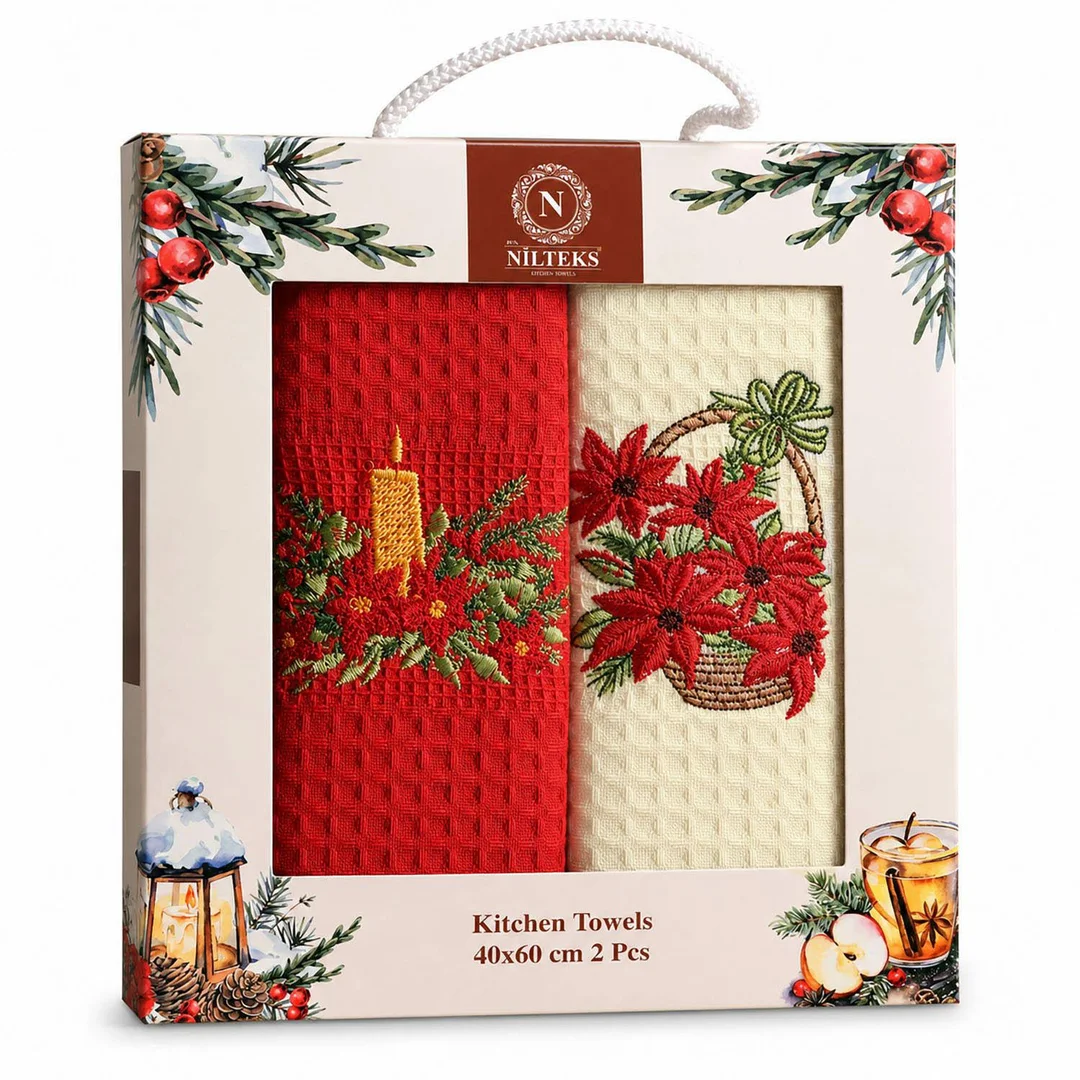 Komplet ręczników kuchennych 2 szt 40x60 Lux Merlin Christmas V2 czerwony kremowy waflowy haftowany 250g/m2 Nilteks