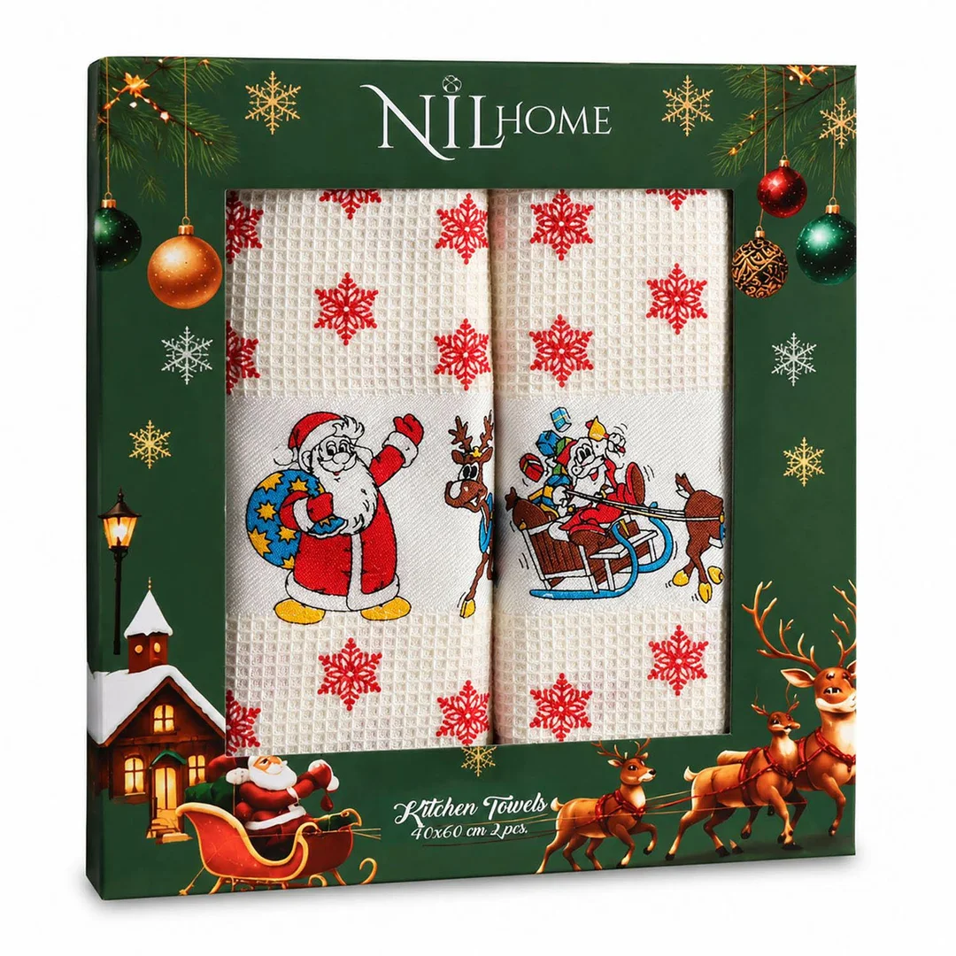 Komplet ręczników kuchennych 2 szt 40x60 Lux Pietra Christmas V1 biały waflowy z nadrukiem 250g/m2 Nilteks