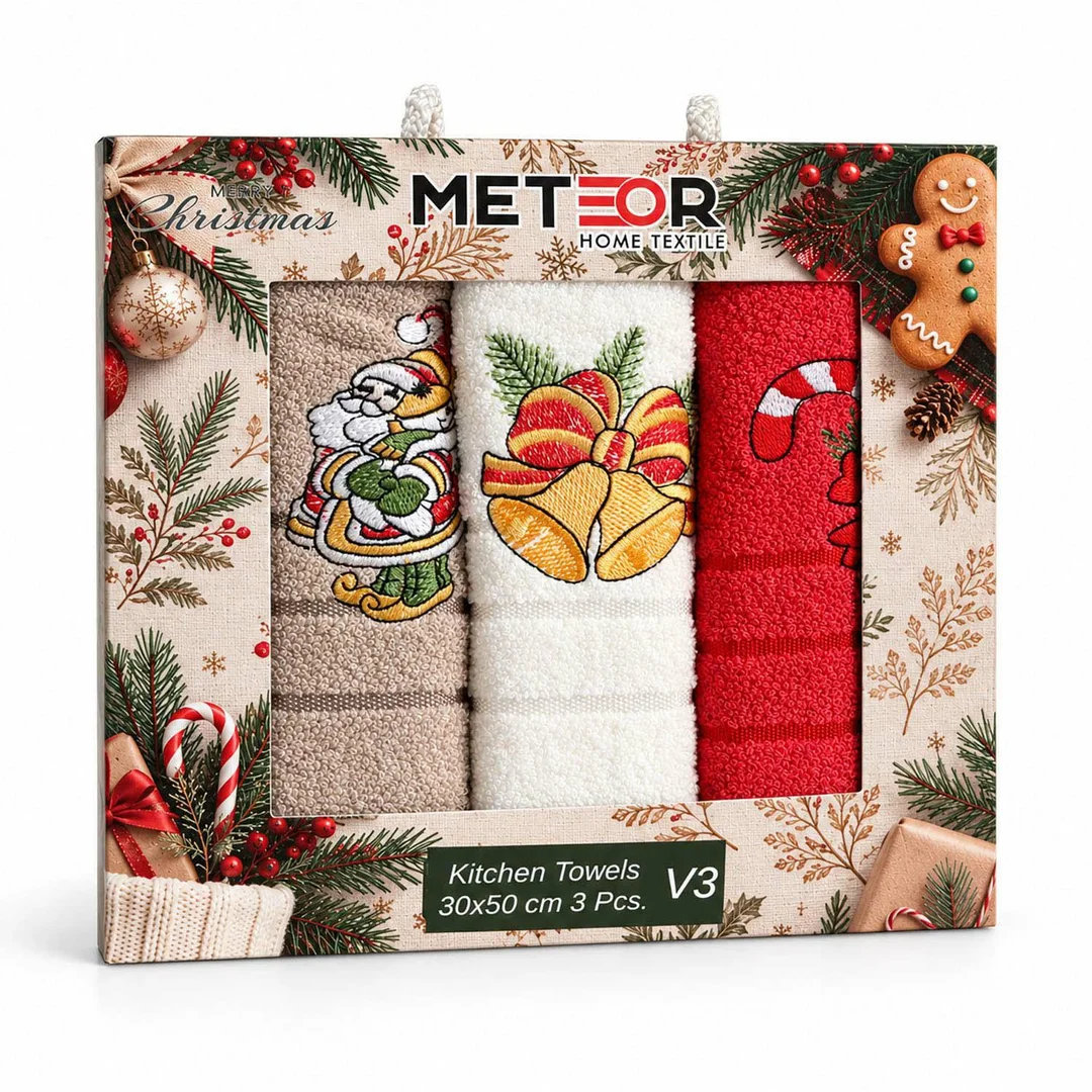 Komplet ręczników kuchennych 3 szt 30x50 Terry Christmas V1 beżowy biały czerwony frotte haftowany 420g/m2 Nilteks