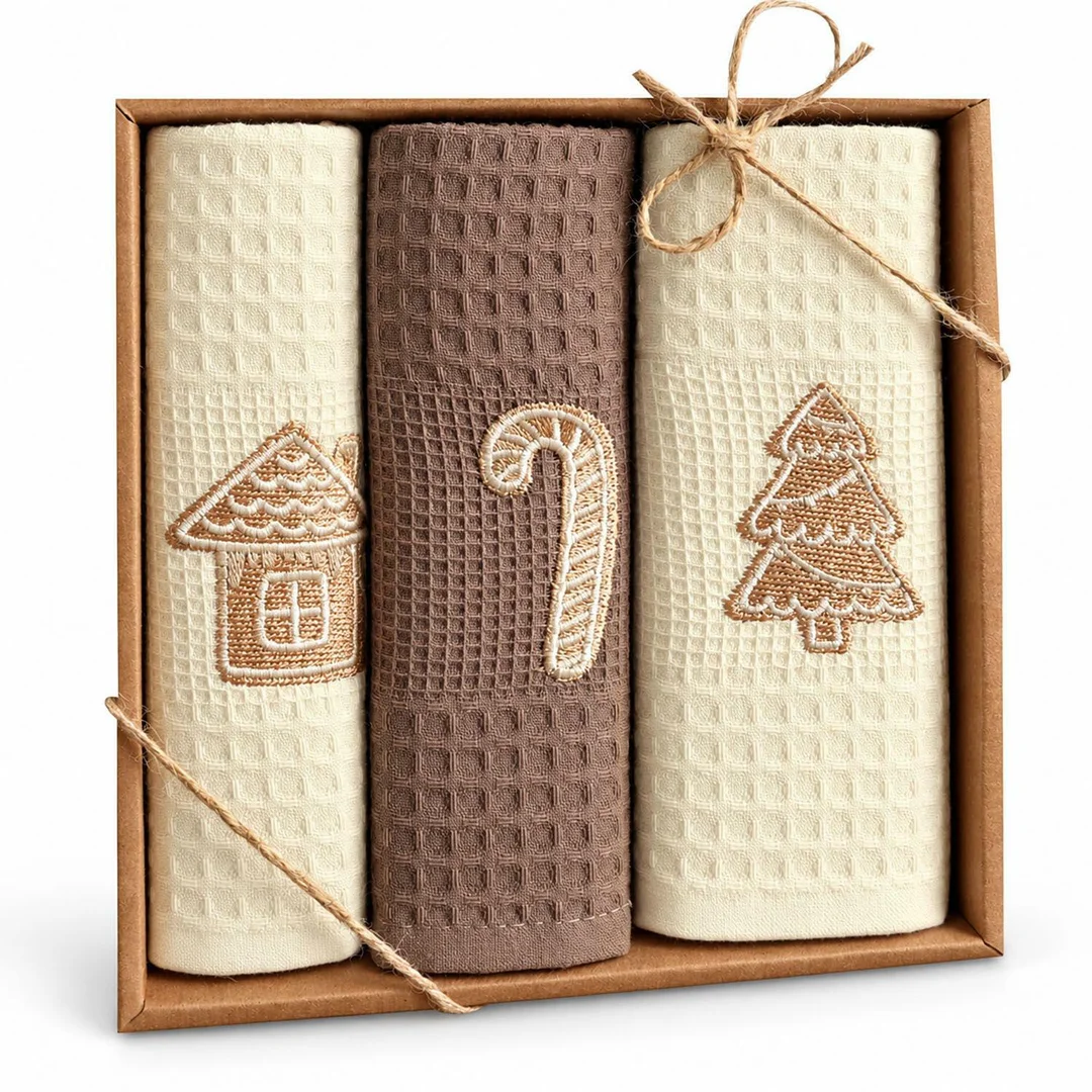 Komplet ręczników kuchennych 3 szt 40x60 Lux Christmas Cookie ecru brązowy waflowy haftowany 250g/m2 Nilteks