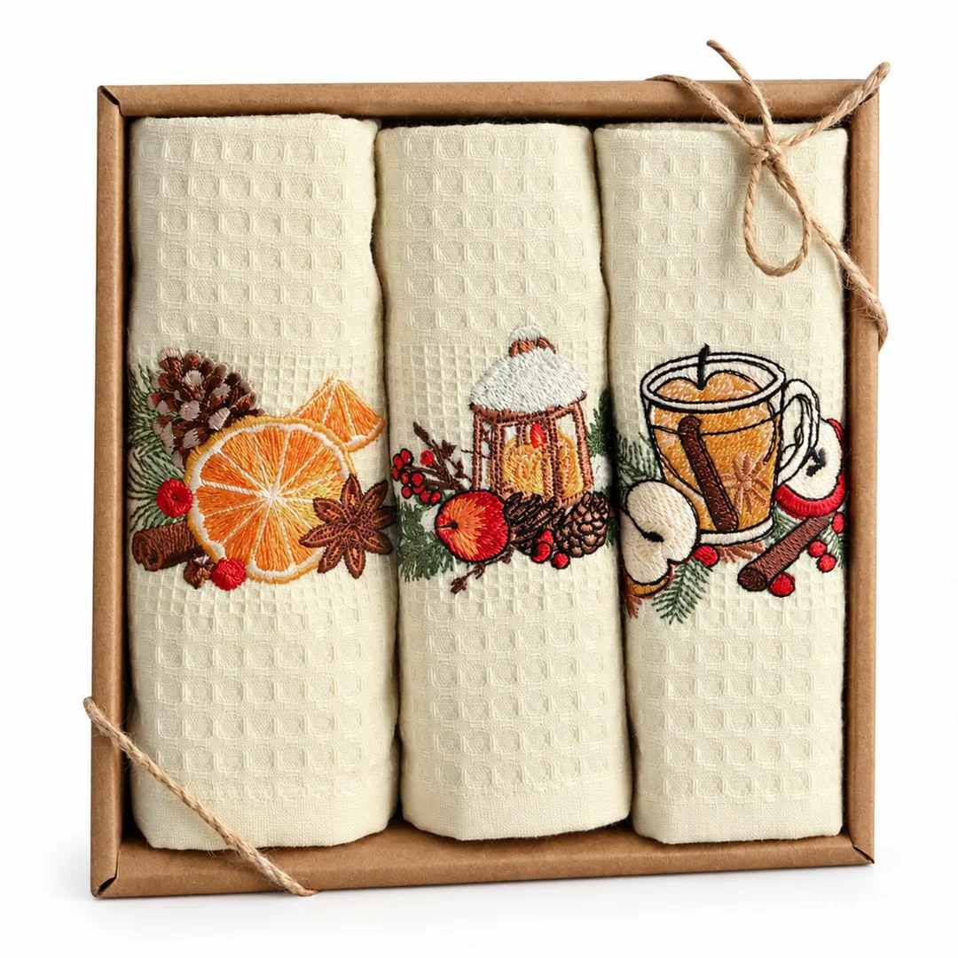 Komplet ręczników kuchennych 3 szt 40x60 Lux Merlin Christmas V1 ecru waflowy haftowany 250g/m2 Nilteks