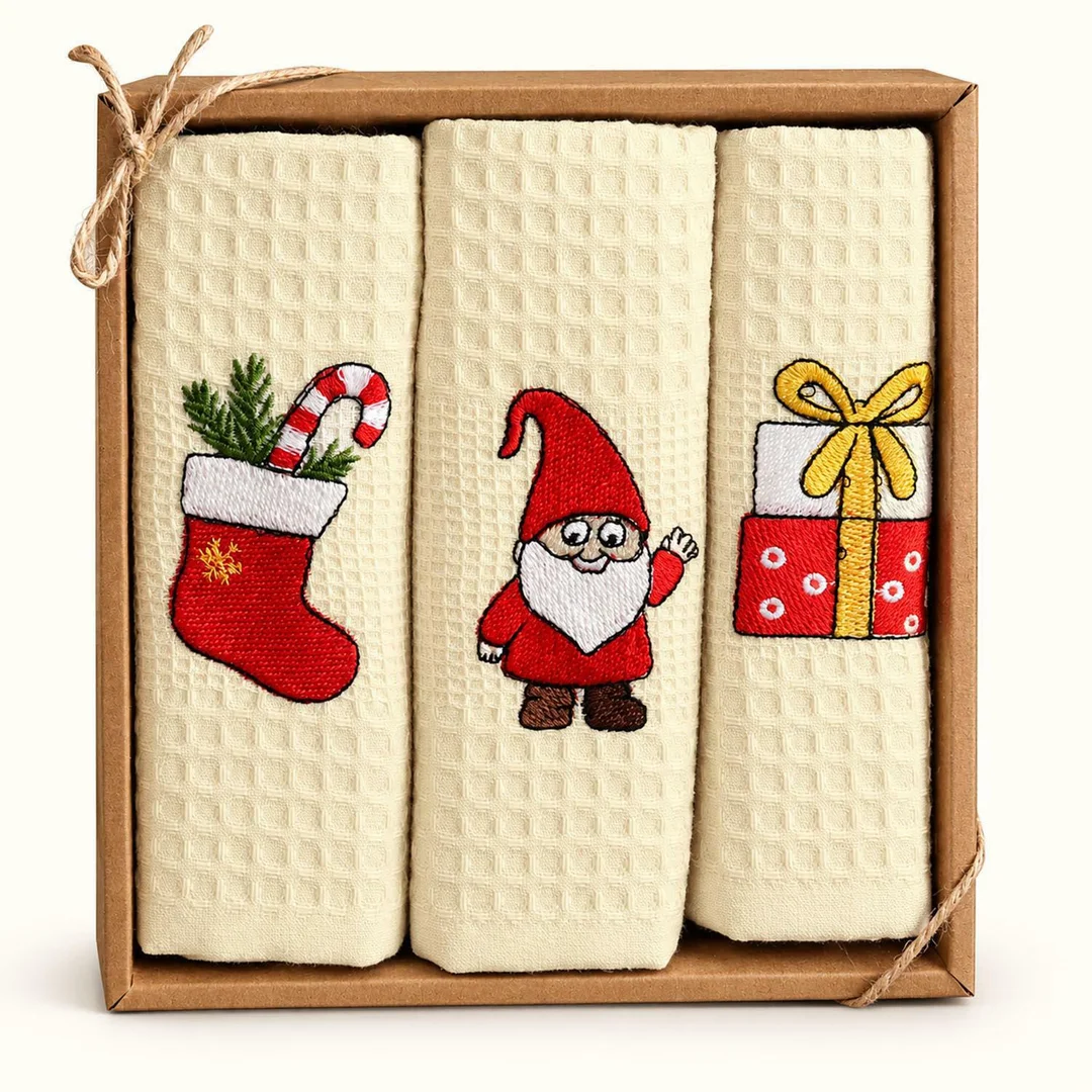 Komplet ręczników kuchennych 3 szt 40x60 Lux Natural Christmas V1 ecru waflowy haftowany 250g/m2 Nilteks