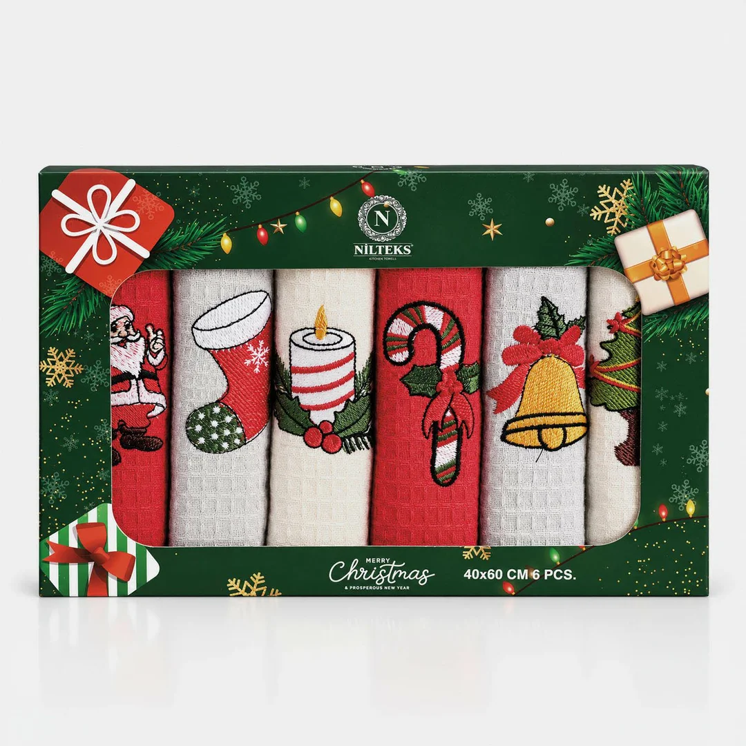 Komplet ręczników kuchennych 6 szt 40x60 Classy Christmas V1 ecru popielaty czerwony waflowy haftowany 220g/m2 Nilteks