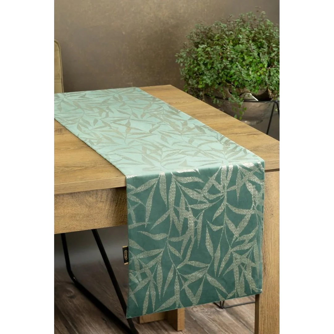 Obrus bieżnik 35x180 Blink 15 miętowy ciemny złoty liście welurowy Eurofirany