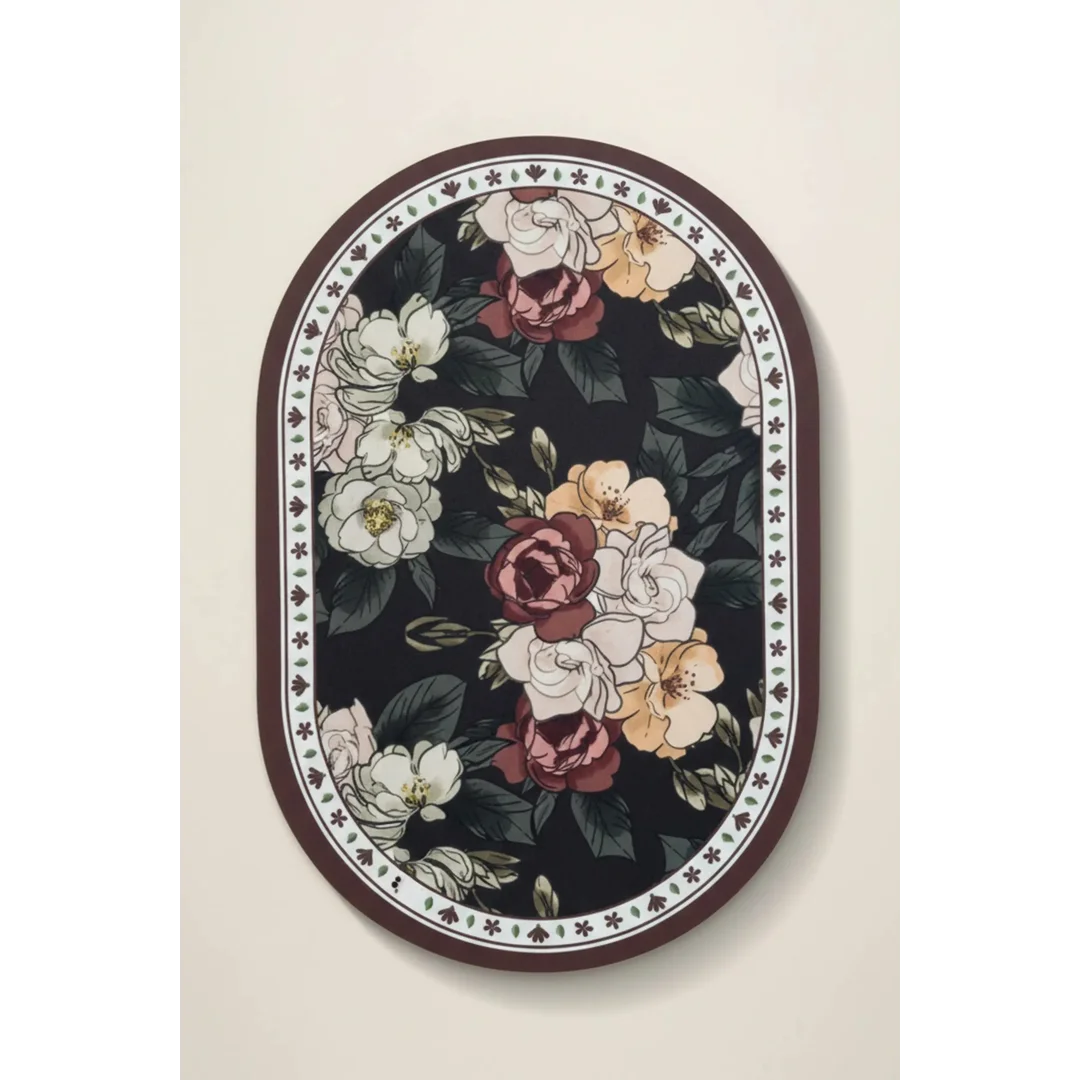 Podkładka na stół 30x45 Floral czarna zielona kwiaty owalna pod talerze