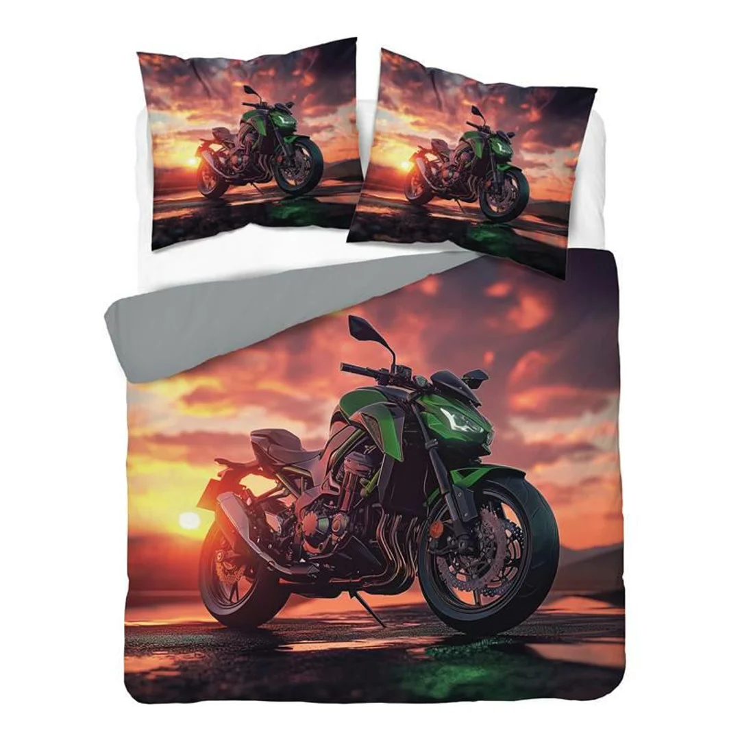 Pościel 3D z mikrofibry z motocyklem na tle zachodu słońca – 220x200 cm – Visuale 3D – wzór 5434 A