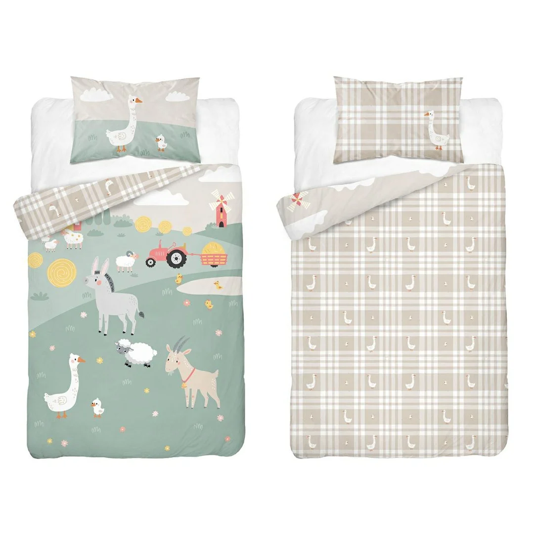 Pościel bambusowa dziecięca 100x135 farma i beżowa kratka – 4792 B – Baby Bamboo