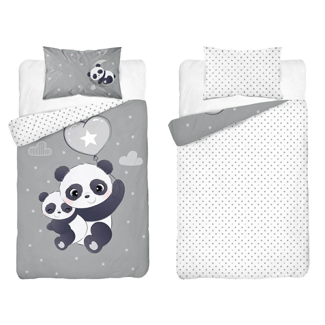 Pościel bambusowa dziecięca 90x120 szara z białymi akcentami i pandami – 4790 B – Baby Bamboo