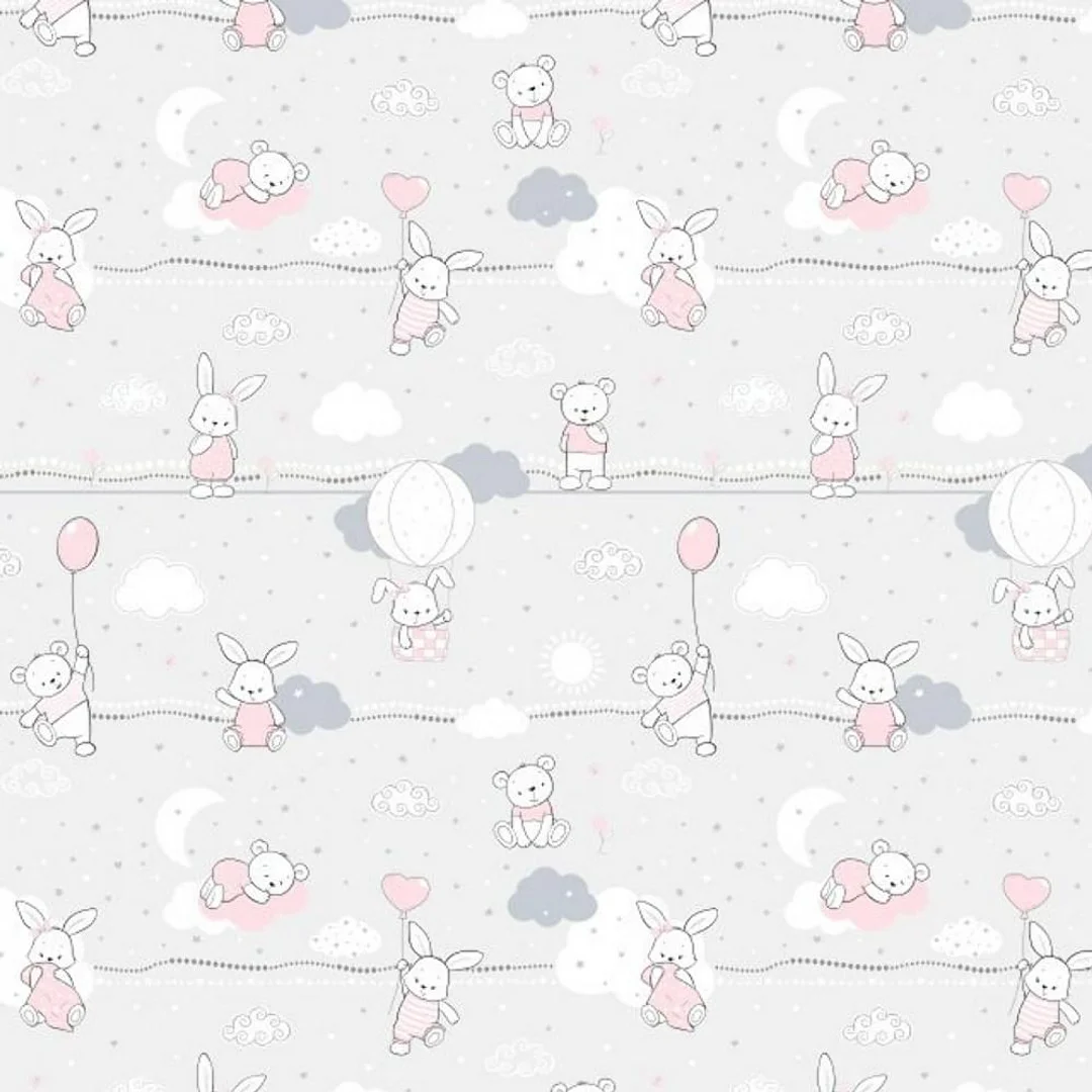 Pościel bawełniana 100x135 56K misie zajączki szara różowa Kids 24 z poszewką 40x60