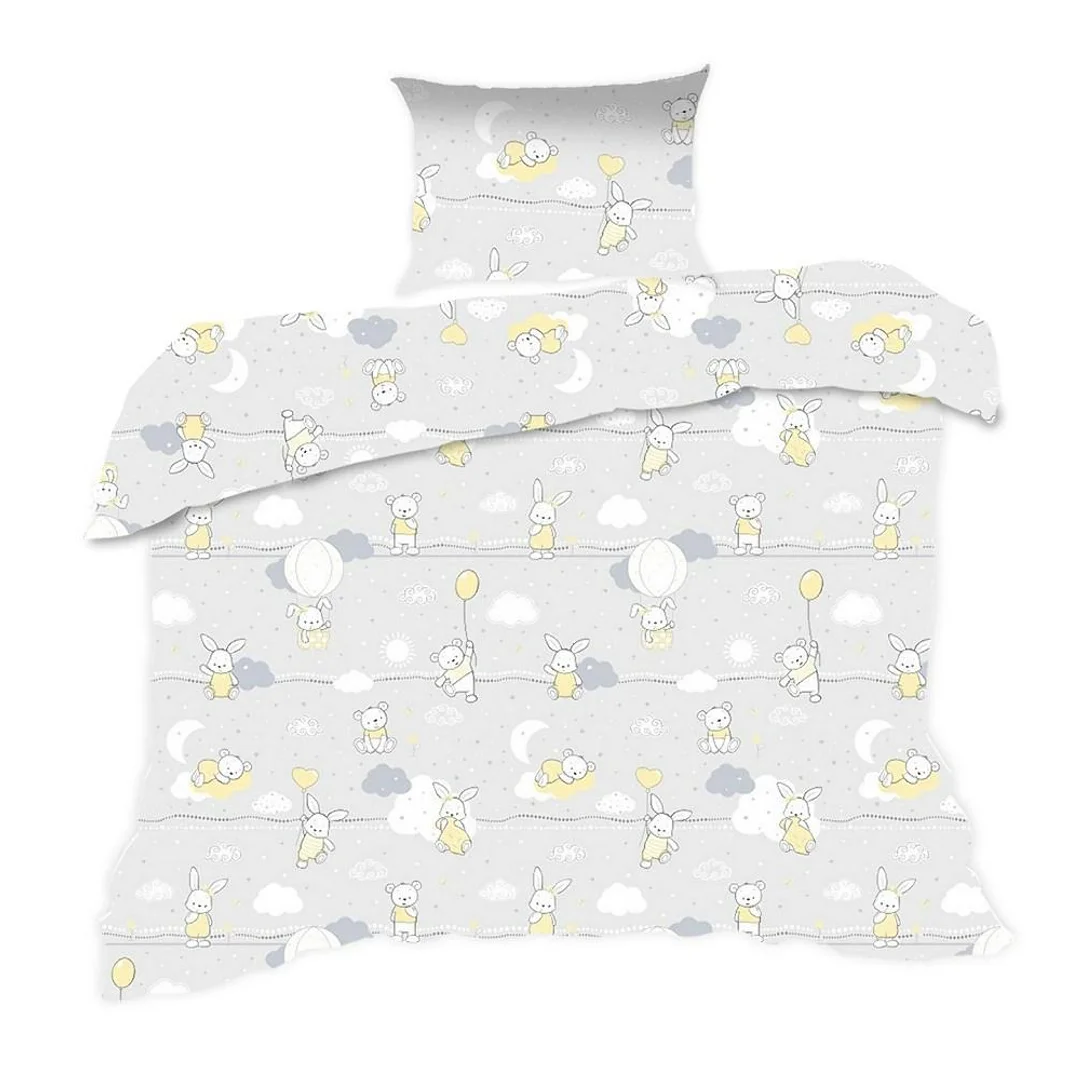 Pościel bawełniana 100x135 58K misie zajączki szara żółta Kids 24 z poszewką 40x60