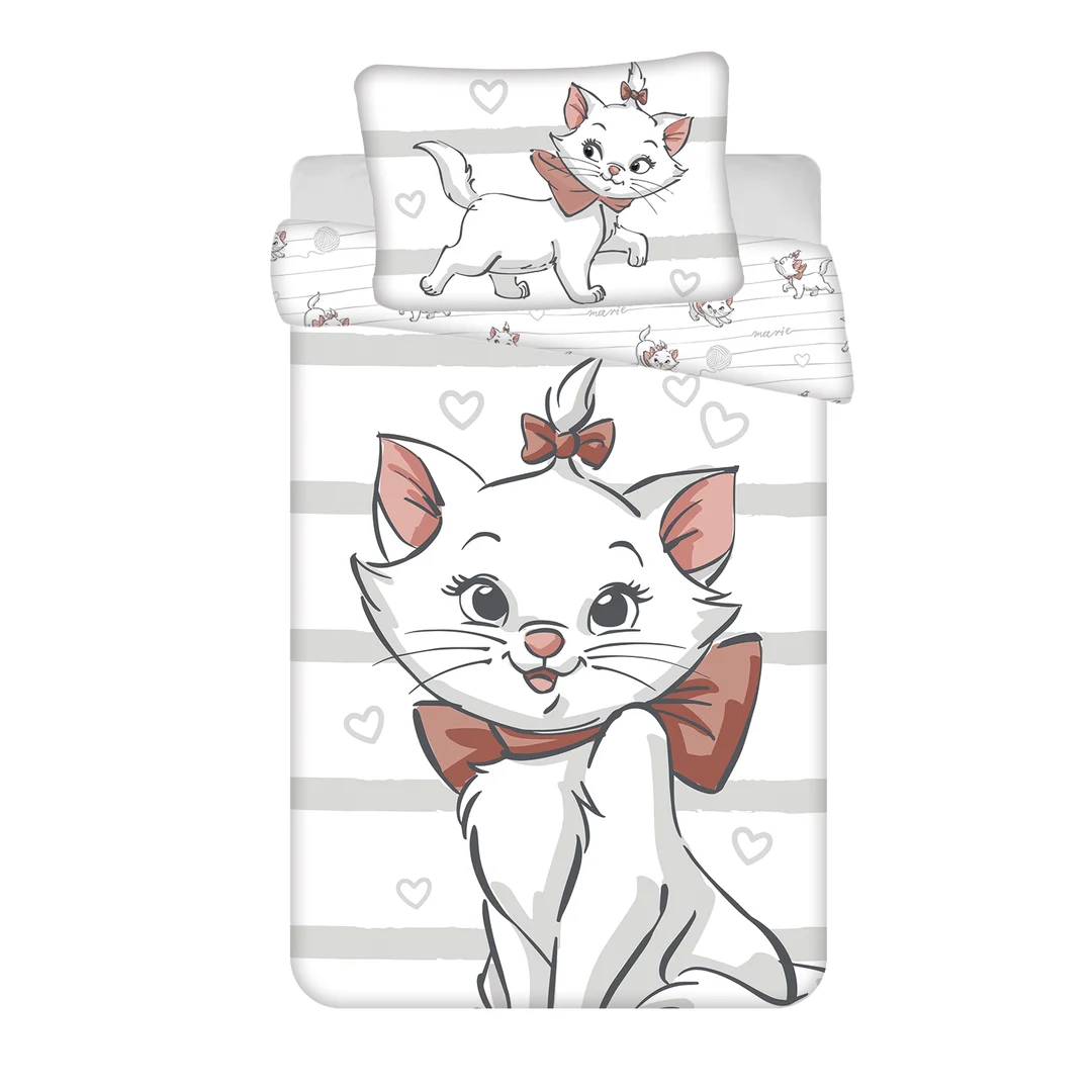 Pościel bawełniana 100x135 kotek Marie Cat Bow biała szara poszewka 40x60 JF24