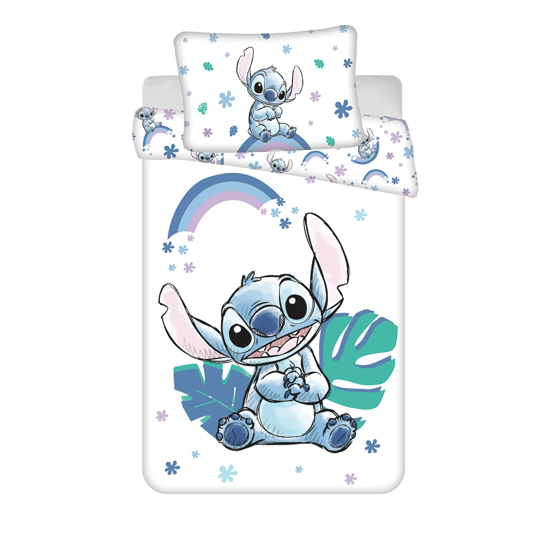Pościel bawełniana 100x135 Lilo i Stitch tęczowe dziecko biała niebieska poszewka 40x60 JF24