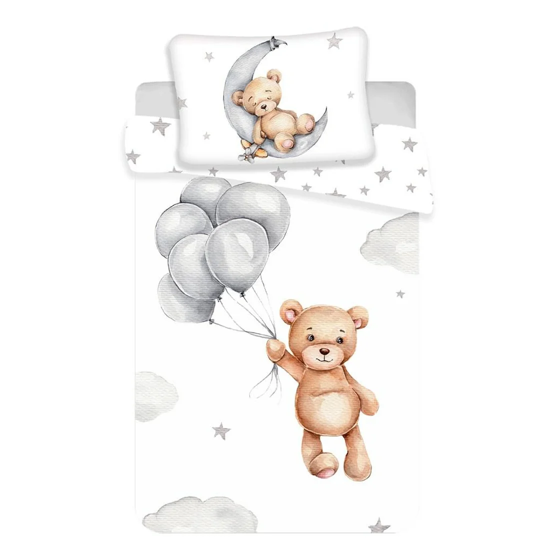 Pościel bawełniana 100x135 Miś baloniki gwiazki 7547 biała szara księżyc chmurki Teddy Bear dziecięca do łóżeczka poszewka 40x60
