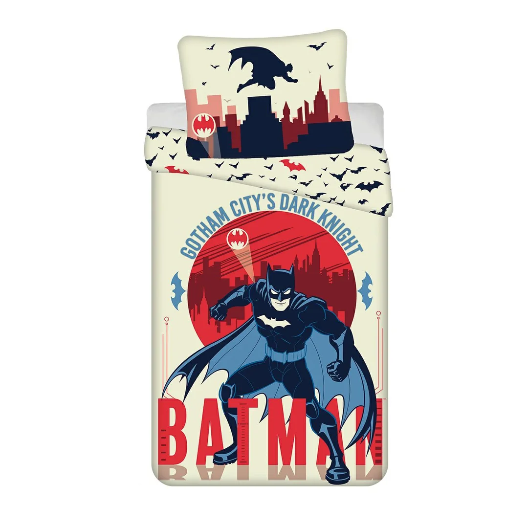 Pościel bawełniana 140x200 Batman Gotham´s Knight kremowa czerwona poszewka 70x90 JF24