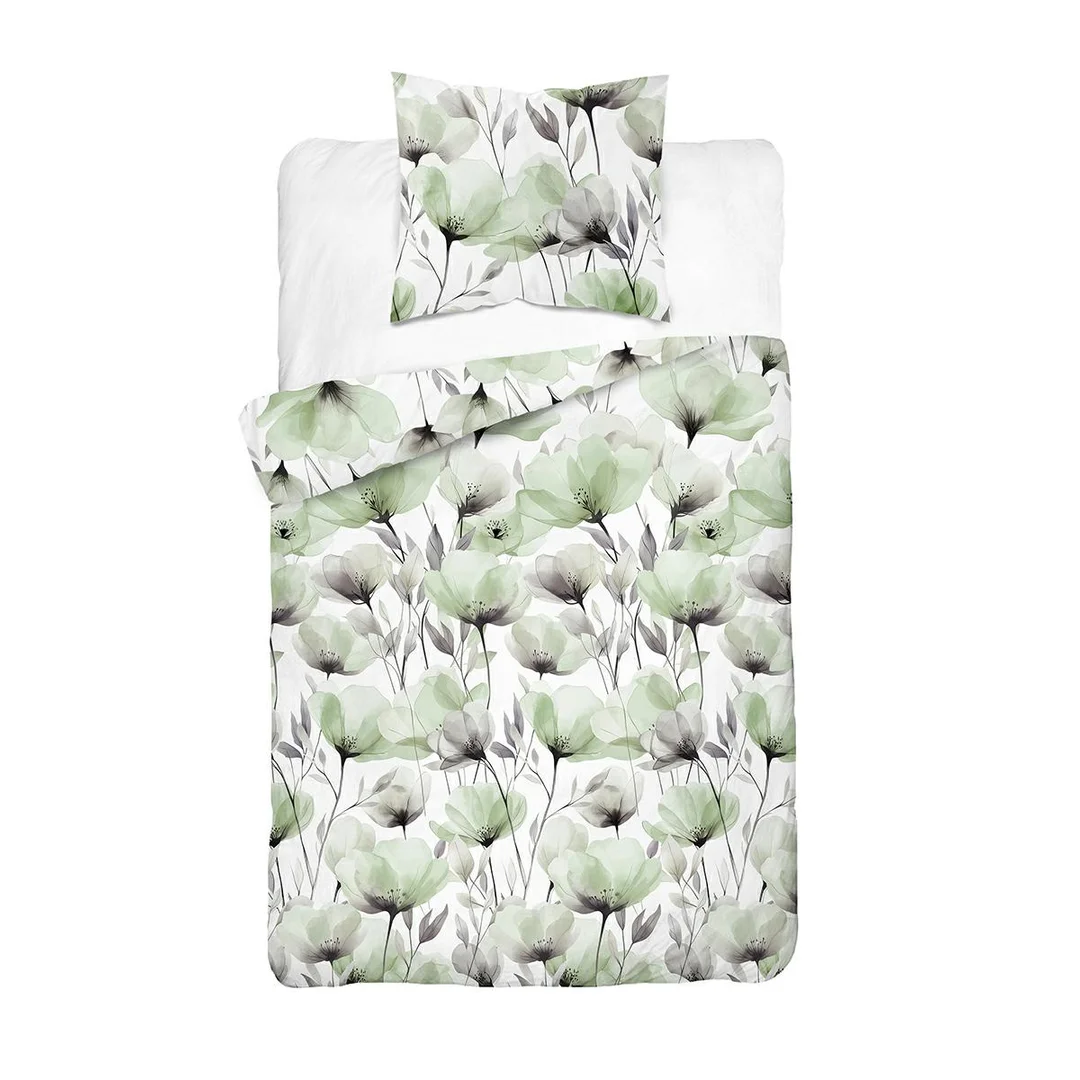 Pościel bawełniana 140x200 biała w akwarelowe zielone kwiaty - 5762 B - Floral Harmony