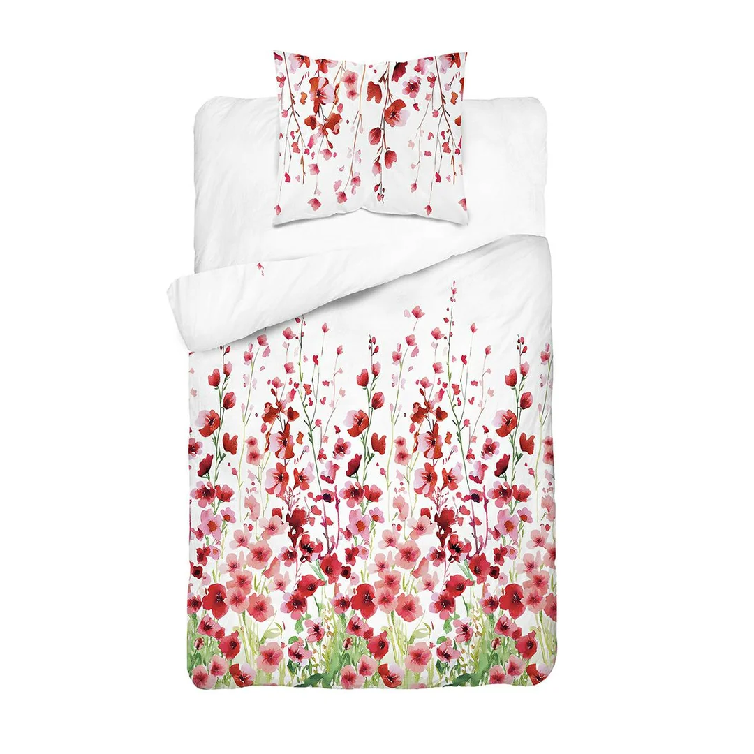 Pościel bawełniana 140x200 biała w czerwone kwiaty łąkowe - 5759 B - Floral Harmony