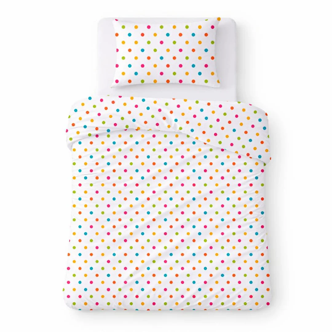 Pościel bawełniana 140x200 biała w kolorowe kropki, wzór dziecięcy nowoczesny – COTTON HOME KIDS