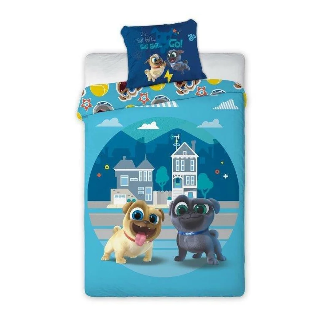 Pościel bawełniana 140x200 Bingo i Rolly niebieska mopsiaki psy Pappy Dog Pals Roly Roli dziecięca młodzieżowa poszewka 70x90