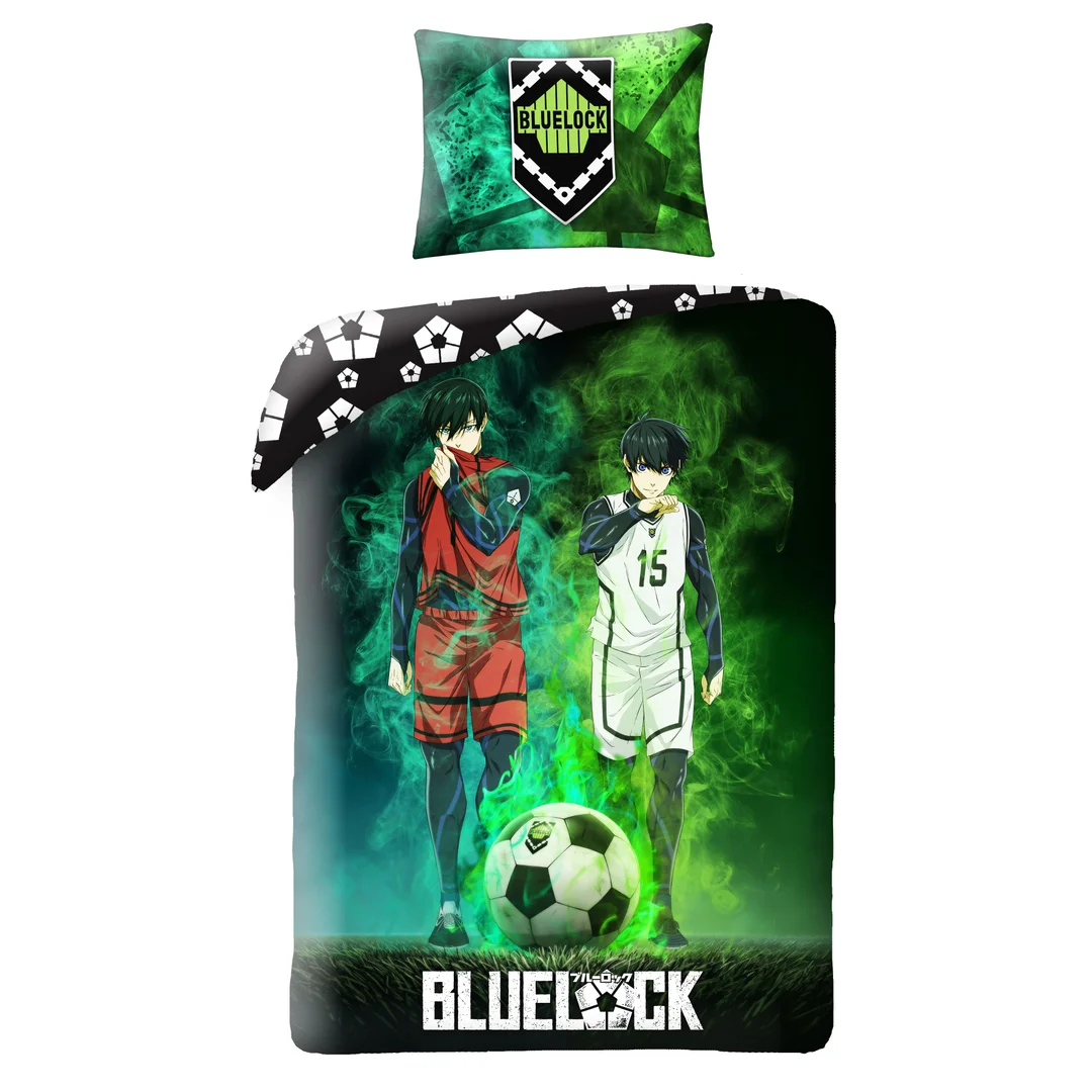 Pościel bawełniana 140x200 Blue Lock piłki zielona czarna poszewka 70x90 H2