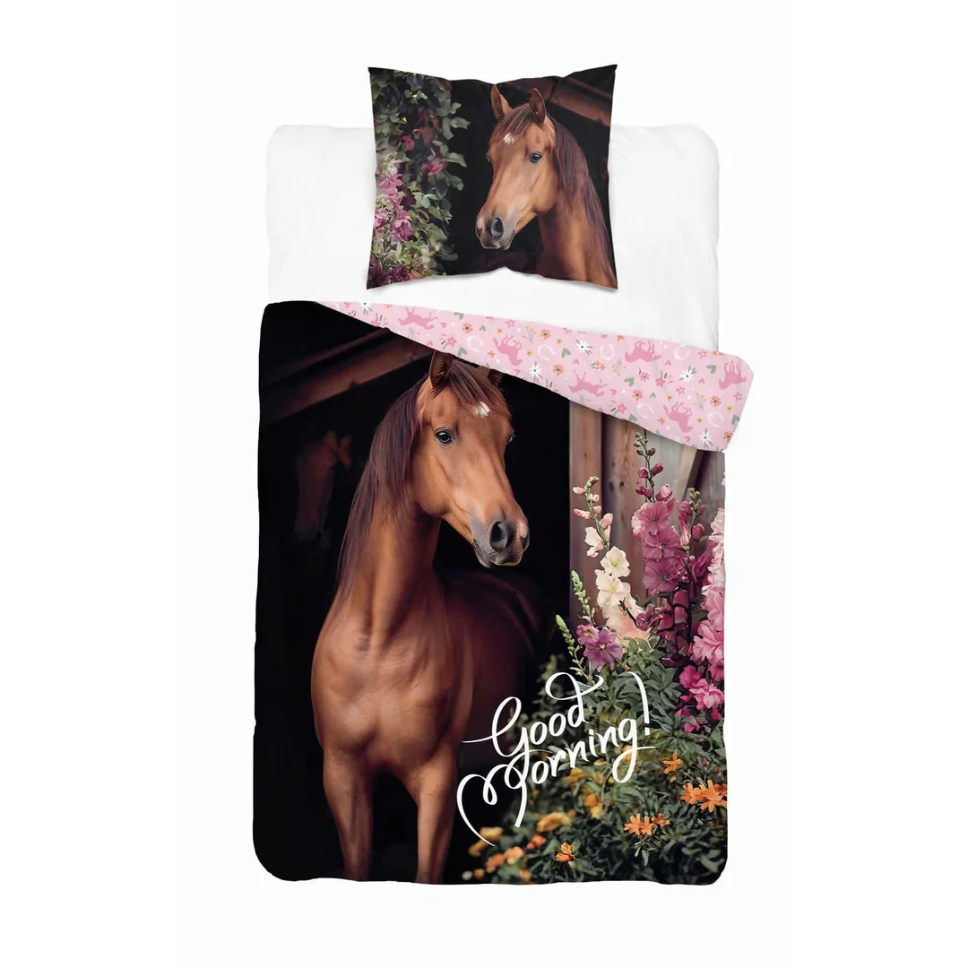 Pościel bawełniana 140x200 cm z koniem i kwiatowym tłem – DreamStyle – wzór 5580 A