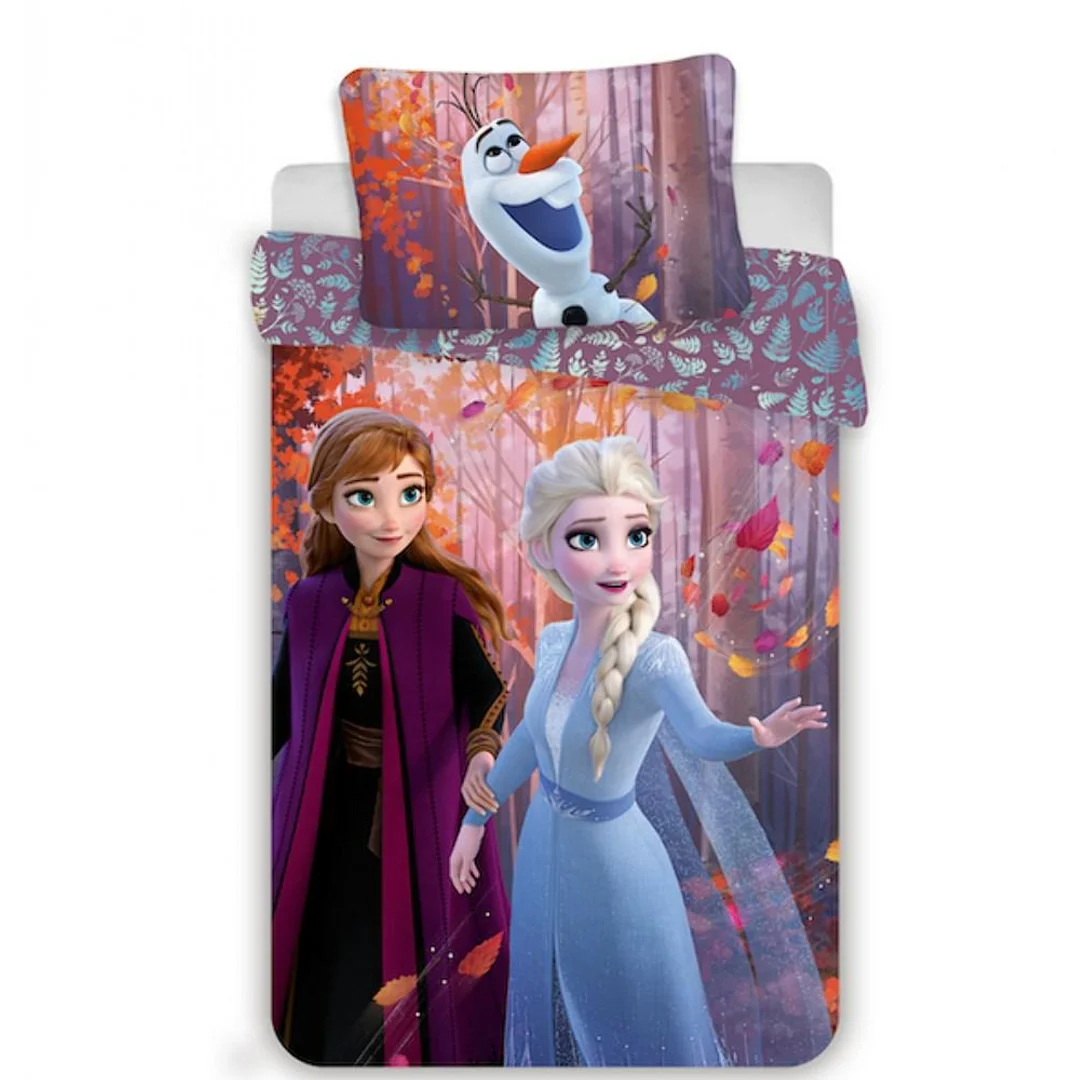 Pościel bawełniana 140x200 Frozen 3617 Kraina Lodu Anna Elsa i Olaf las liście