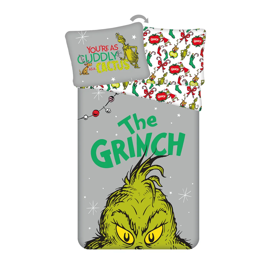 Pościel bawełniana 140x200 Grinch Grinchmas szara kolorowa JF24