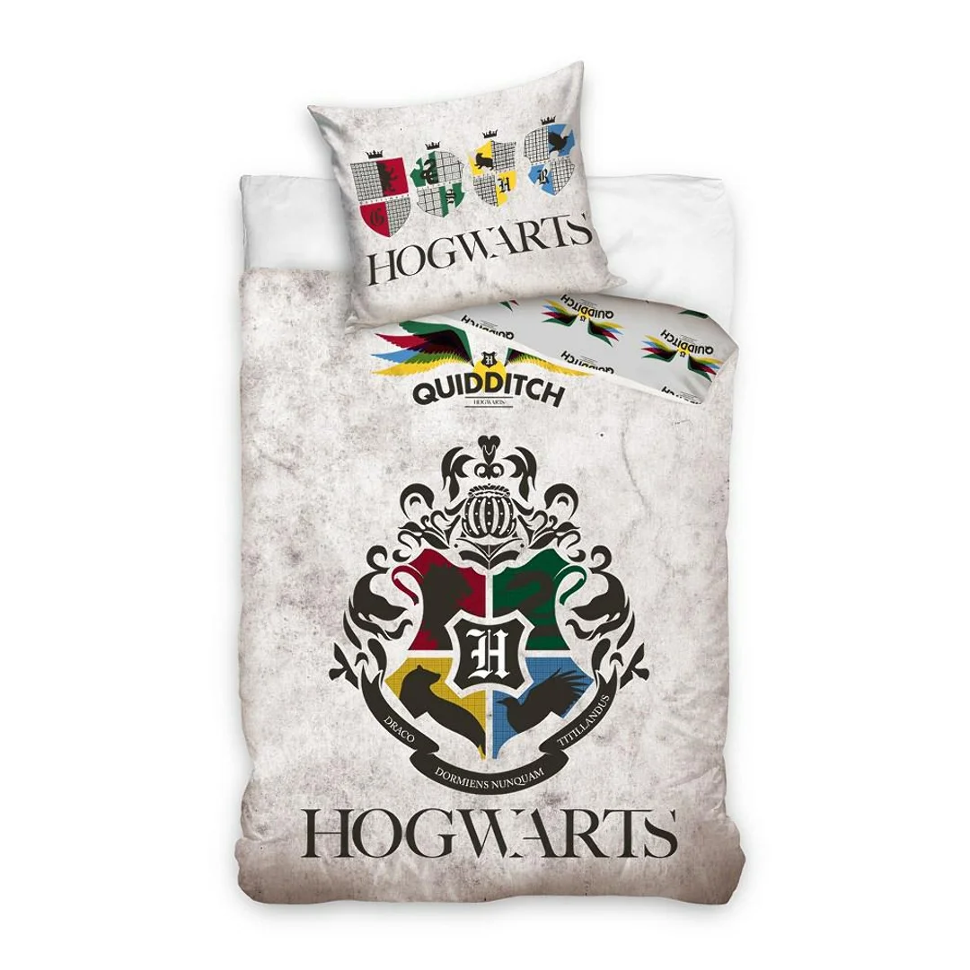 Pościel bawełniana 140x200 Harry Potter Hogwarts szara C24