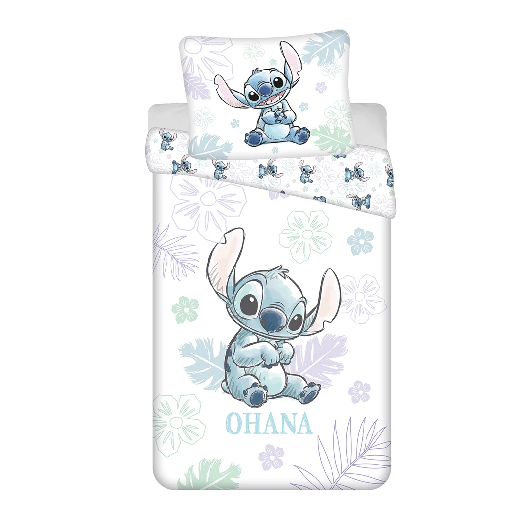 Pościel bawełniana 140x200 Lilo I Stitch Ohana biała niebieska poszewka 70x90 Jf24
