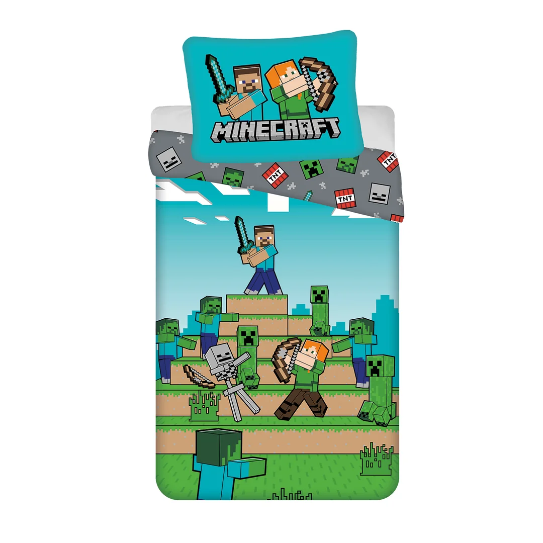 Pościel bawełniana 140x200 Minecraft "We Got This" niebieska poszewka 70x90