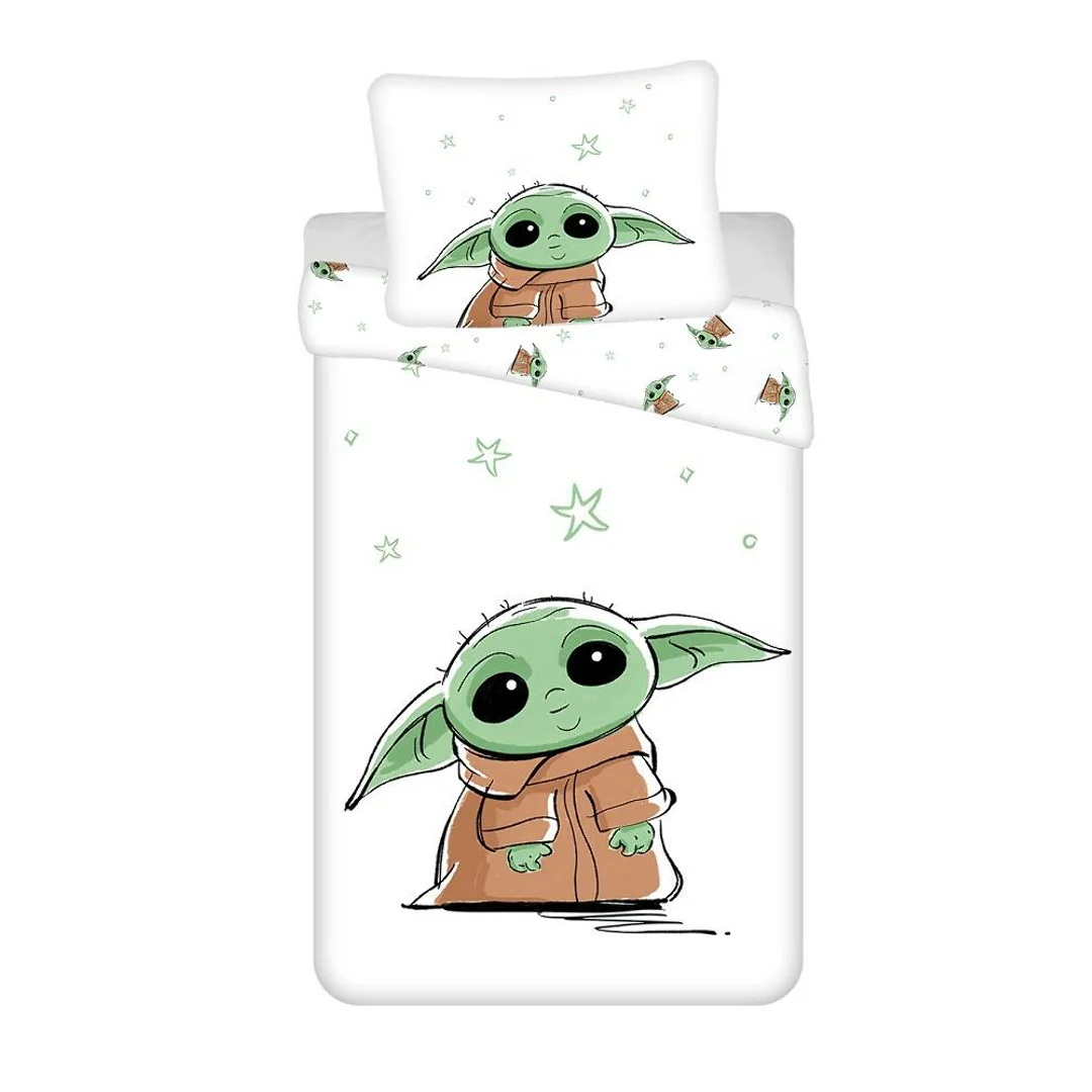Pościel bawełniana 140x200 Star Wars Baby Yoda biała zielona poszewka 70x90 August 23
