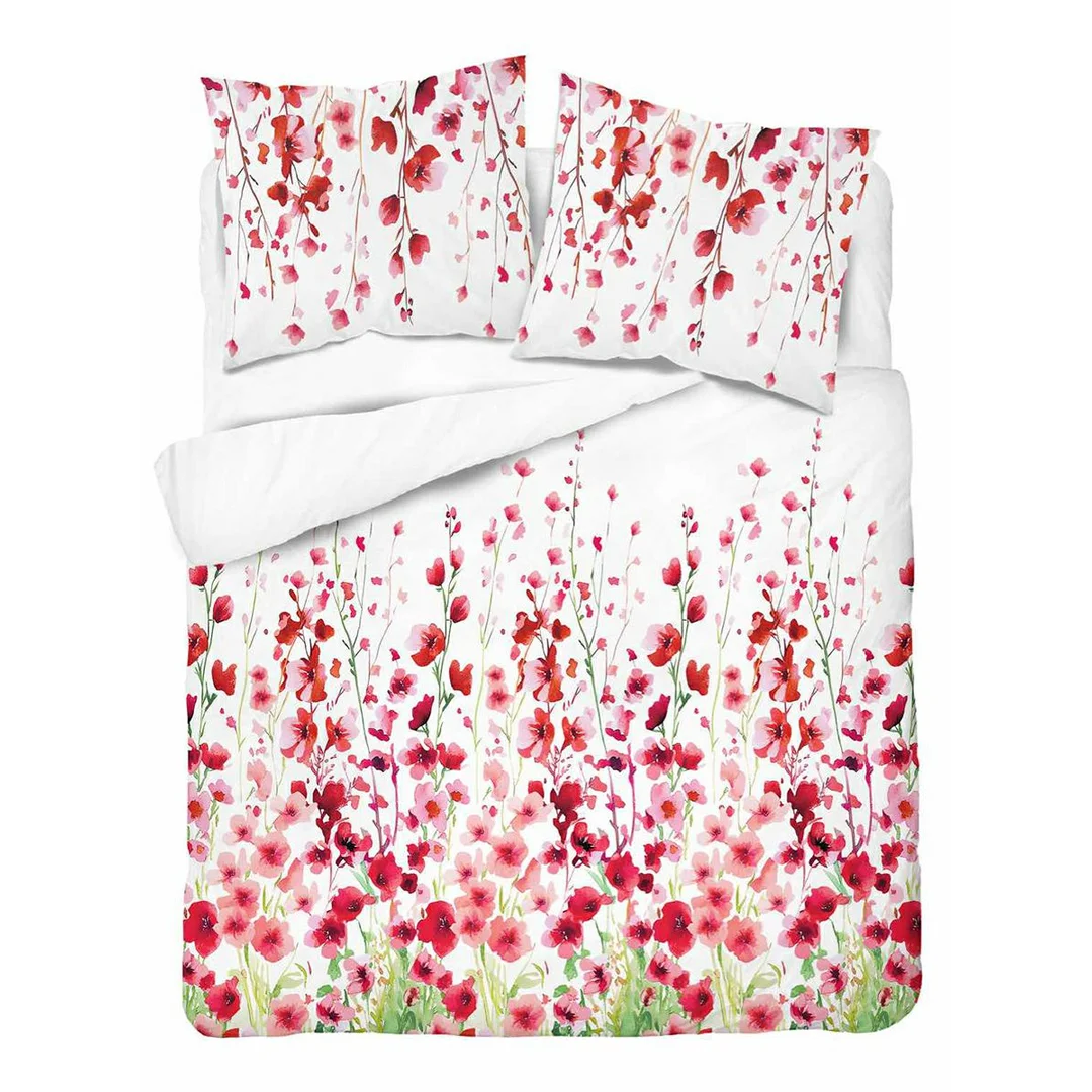 Pościel bawełniana 160x200 biała w czerwone kwiaty łąkowe - 5759 B - Floral Harmony