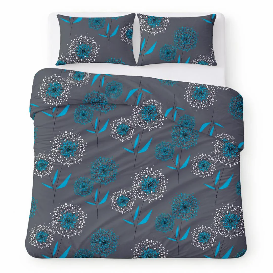 Pościel bawełniana 160x200 grafitowa w turkusowe dmuchawce nowoczesny wzór - COTTON HOME