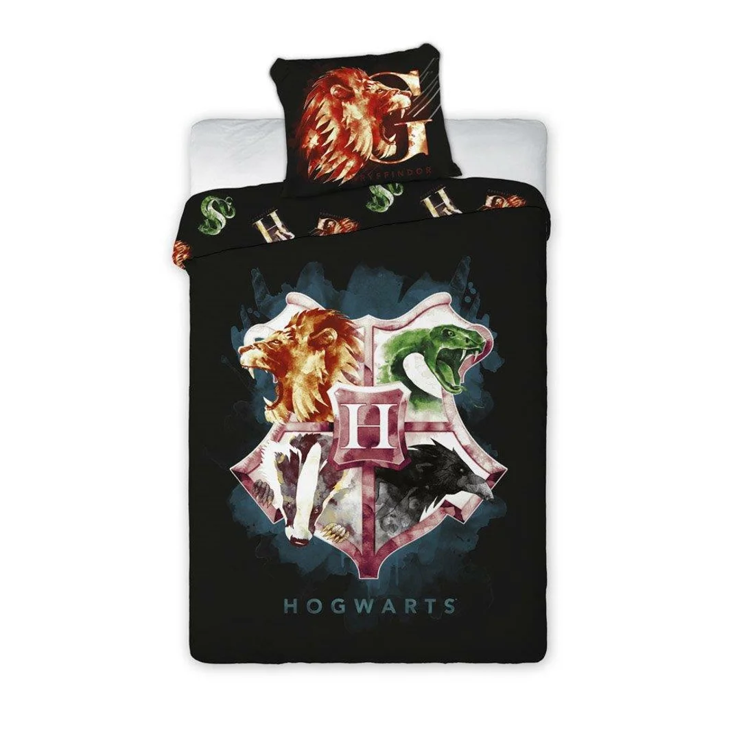 Pościel bawełniana 160x200 Harry Potter 002 Herb czarna młodzieżowa poszewka 70x80 Faro